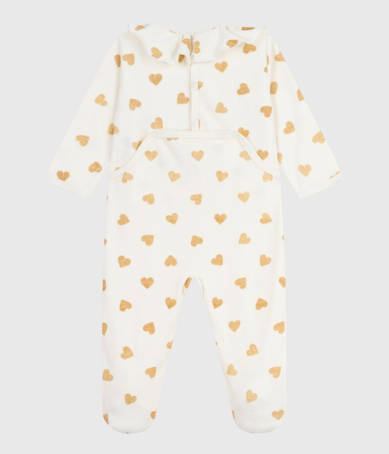 Baby-Pyjama aus Samt mit &Ouml;ffnung auf der R&uuml;ckseite und bedruckt mit Paillettenherzen naturfarben/gelb