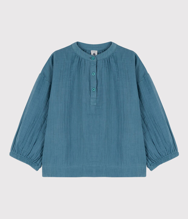 Lang&auml;rmelige Kinderbluse aus Musselin-Stoff f&uuml;r M&auml;dchen blau