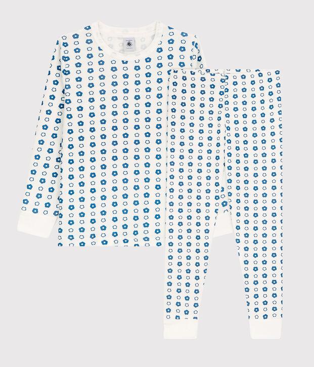 Kinderpyjama aus Bio-Baumwolle mit Blumenmotiv weiss/blau