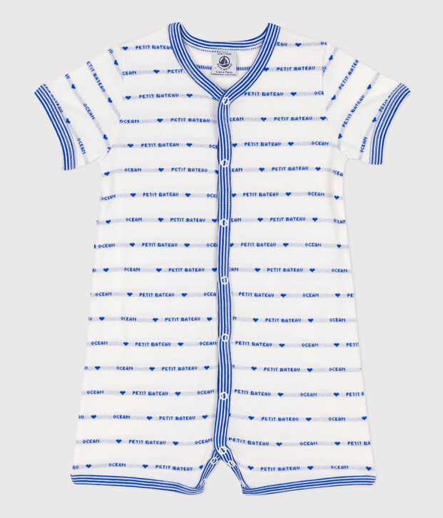 Baby-Kurzoverall aus Baumwoll-Jacquard weiss/blau