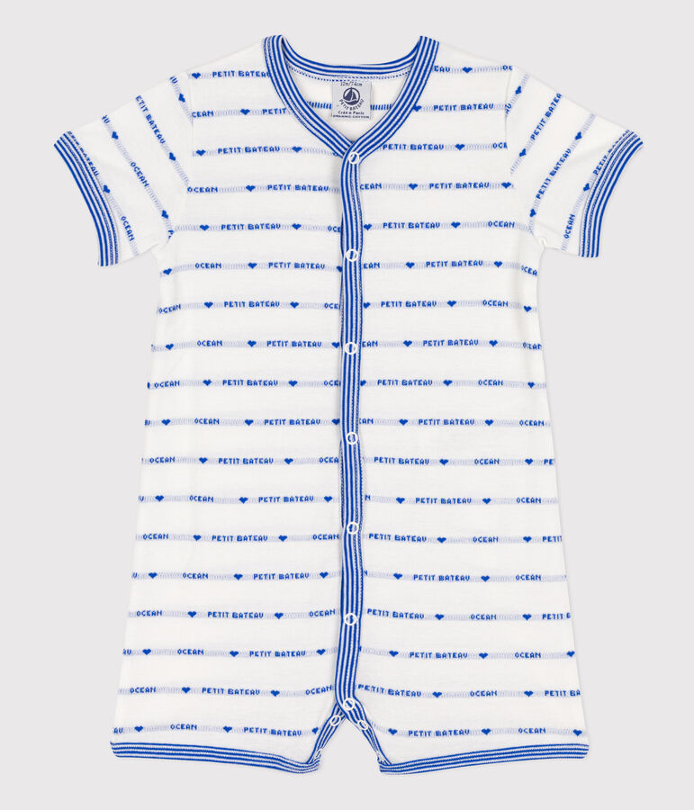 Baby-Kurzoverall aus Baumwoll-Jacquard weiss/blau