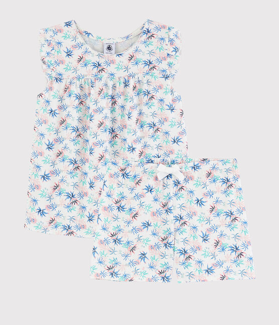 Kinder-Kurzpyjama aus feiner Baumwolle mit Windröschenmotiv für Mädchen weiss MARSHMALLOW/weiss MULTICO