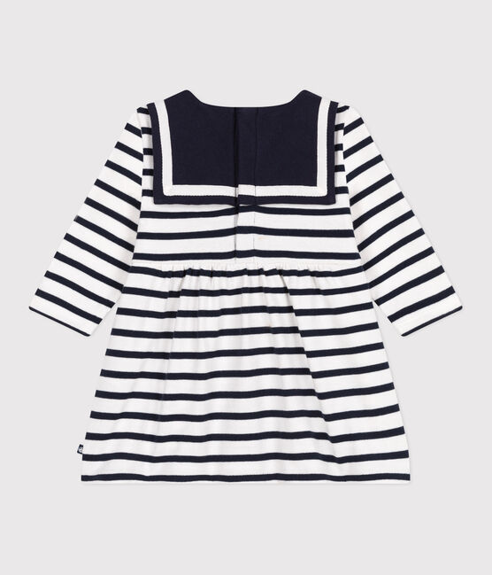 Langärmeliges Baby-Kleid aus festem Baumwollstoff mit Matrosenstreifen weiss MARSHMALLOW/blau SMOKING