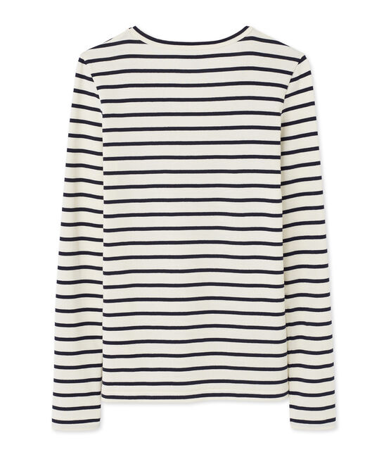 Gestreiftes Damen-Langarmshirt mit V-Ausschnitt beige COQUILLE/blau SMOKING
