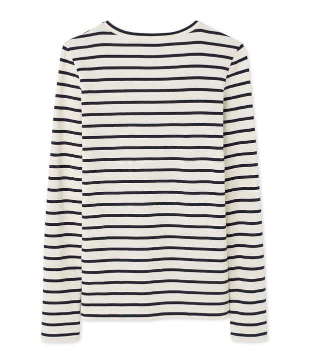 Gestreiftes Damen-Langarmshirt mit V-Ausschnitt weiss/blau
