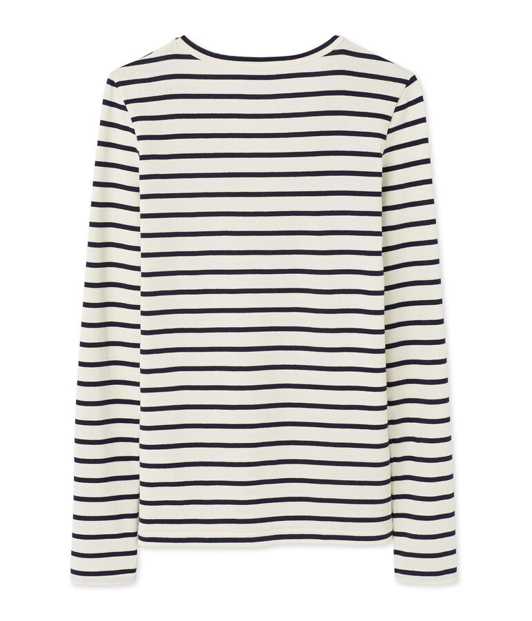 Gestreiftes Damen-Langarmshirt mit V-Ausschnitt weiss/blau