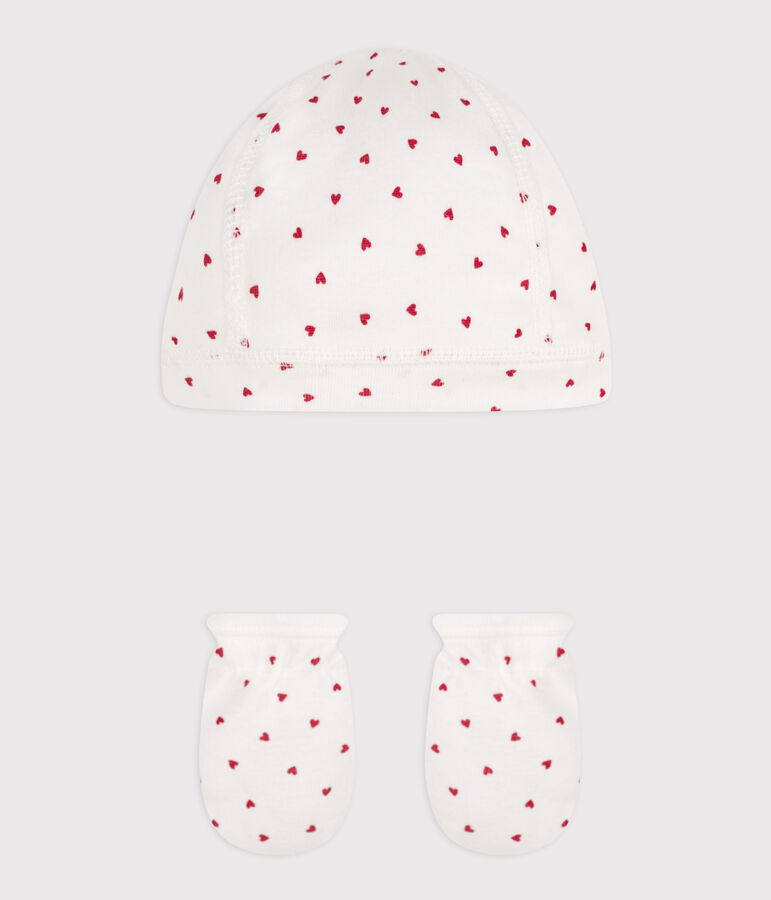 Baby-M&uuml;tzchen und -F&auml;ustlinge aus Baumwolle mit Herzmotiv vielfarbig