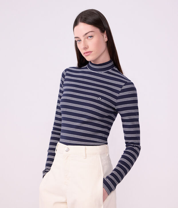 Damen-Rollkragenshirt aus Baumwolle mit Streifen blau/weiss