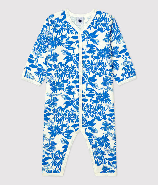 Baby-Strampler ohne Füße aus Baumwolle mit Pflanzenmuster weiss MARSHMALLOW/blau BRASIER