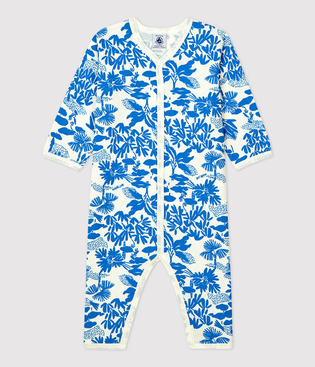 Baby-Strampler ohne F&uuml;&szlig;e aus Baumwolle mit Pflanzenmuster weiss/blau