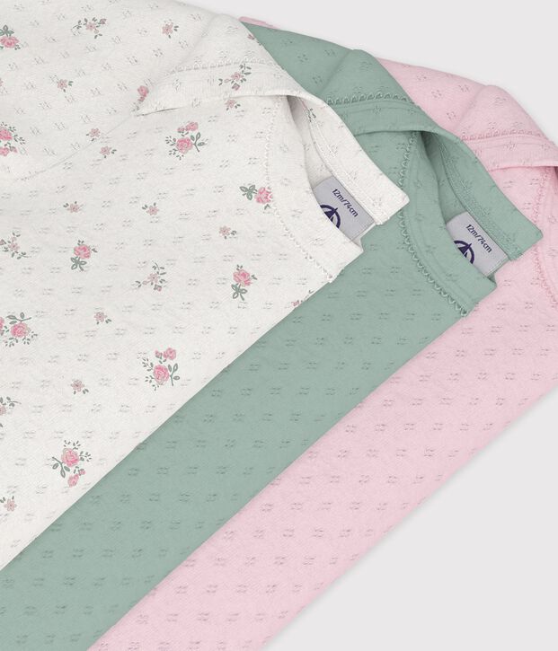 Set kurz&auml;rmeliger Baby-Bodys aus Baumwolle mit Blumen-Lochstickerei vielfarbig