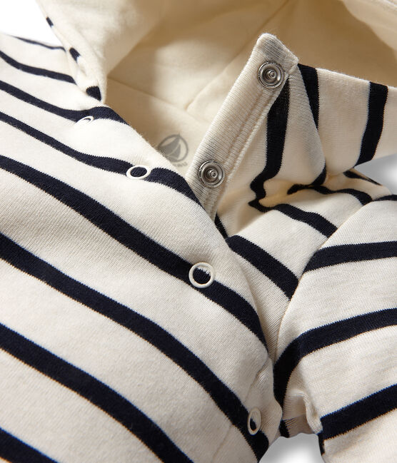 Gestreifter Baby-Overall mit Kapuze beige COQUILLE/blau ABYSSE