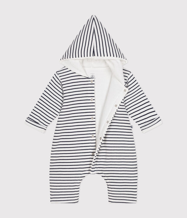 Langer, wattierter Baby-Overall mit Kapuze aus Baumwolle weiss/blau