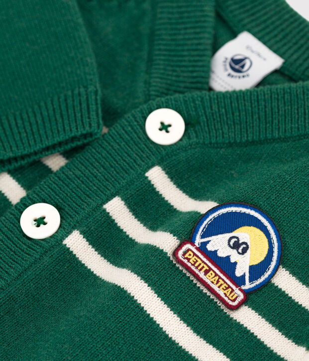 Baby-Cardigan aus Woll- und Baumwollstrick mit Streifen gr&uuml;n/naturfarben