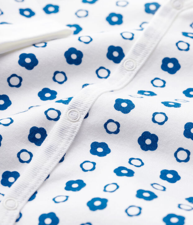 Baby-Strampler aus Molton und Bio-Baumwolle mit Blumenmuster im Retro-Look weiss/blau