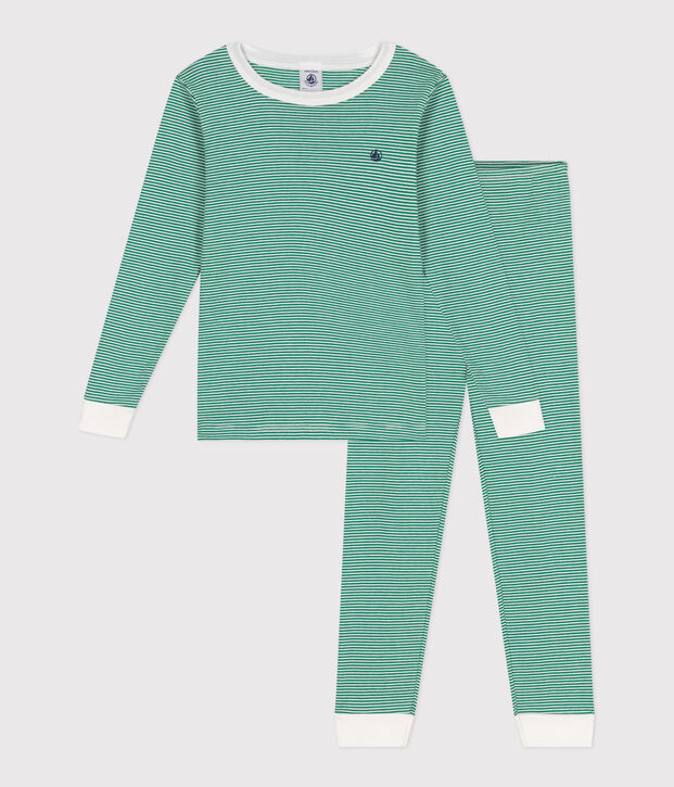 Eng anliegender Kinder-Pyjama aus Baumwolle mit Streifen gr&uuml;n/weiss