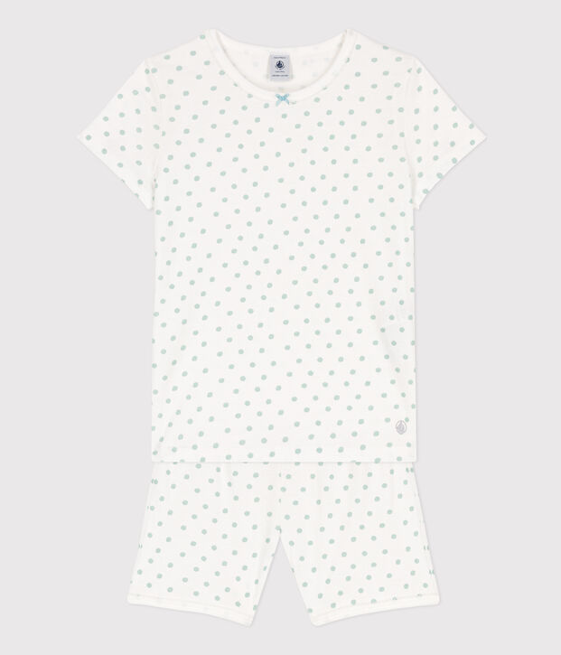 Kinderkuzpyjama aus Baumwolle mit Polka-Dot-Muster f&uuml;r M&auml;dchen weiss/gr&uuml;n