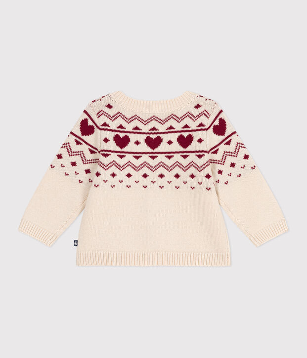 Baby-Cardigan aus Woll- und Baumwollstrick mit Herzmotiv naturfarben/rot