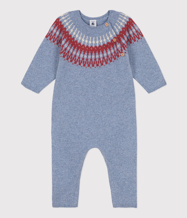 Langer Baby-Overall in Jacquardstrick aus einer Wolle-/Baumwollmischung blau/vielfarbig
