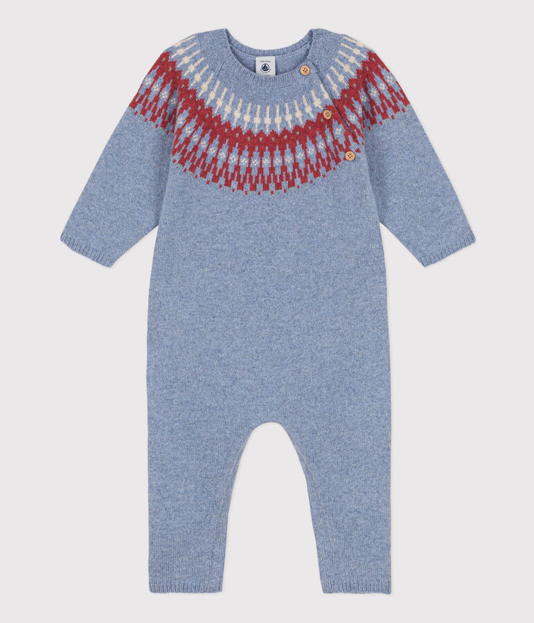Langer Baby-Overall in Jacquardstrick aus einer Wolle-/Baumwollmischung blau/vielfarbig