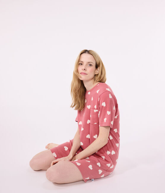 Kurzärmeliges Damen-Nachthemd aus Baumwolle mit Herzmotiv rosa ROSEWOOD/ MARSHMALLOW