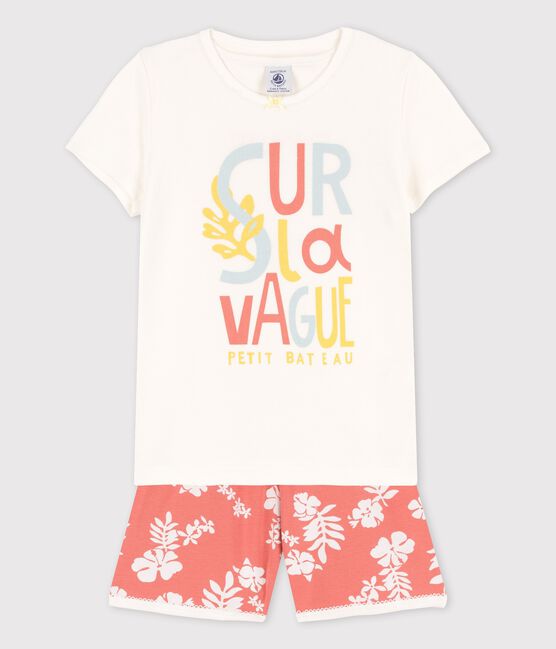 Kinder-Kurzpyjama aus Baumwolle mit Hawaii-Muster für Mädchen weiss MARSHMALLOW/ PAPAYE