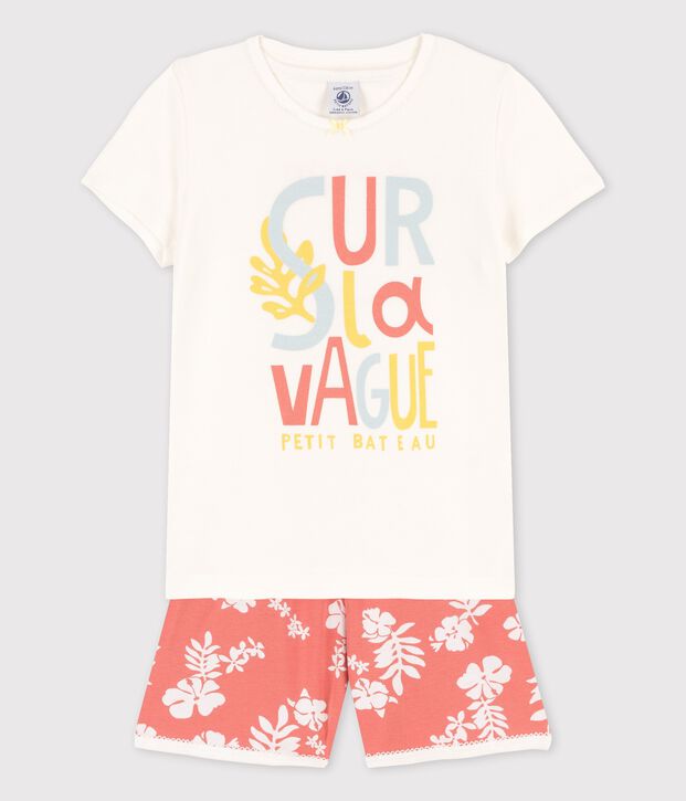 Kinder-Kurzpyjama aus Baumwolle mit Hawaii-Muster f&uuml;r M&auml;dchen weiss/rosa