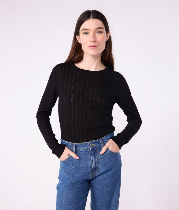 Lang&auml;rmeliges Damen-T-Shirt L&rsquo;Iconique aus Baumwolle mit Lochstickerei schwarz