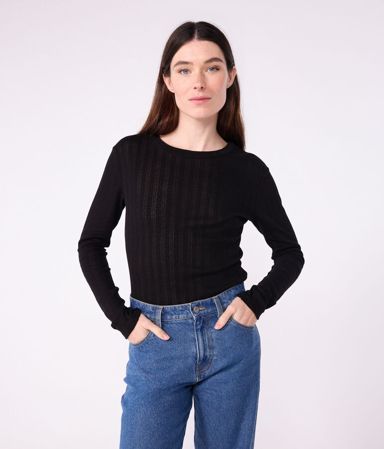 Lang&auml;rmeliges Damen-T-Shirt L&rsquo;Iconique aus Baumwolle mit Lochstickerei schwarz