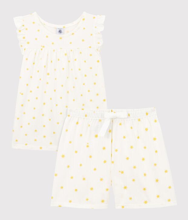 Kinder-Kurzpyjama aus Baumwolle mit Sonnenmotiv f&uuml;r M&auml;dchen weiss/gelb
