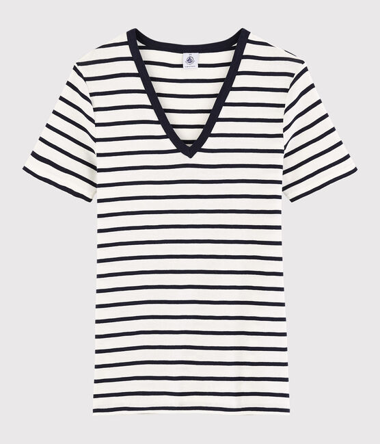 Klassisches Damen-T-Shirt mit V-Ausschnitt aus gestreifter Baumwolle weiss MARSHMALLOW/blau SMOKING