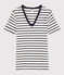 Klassisches Damen-T-Shirt mit V-Ausschnitt aus gestreifter Baumwolle weiss MARSHMALLOW/blau SMOKING