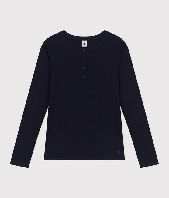 Langärmeliges Damen-T-Shirt mit Kragen mit Knopfleiste im einfarbigen Nadelzug-Strick blau SMOKING