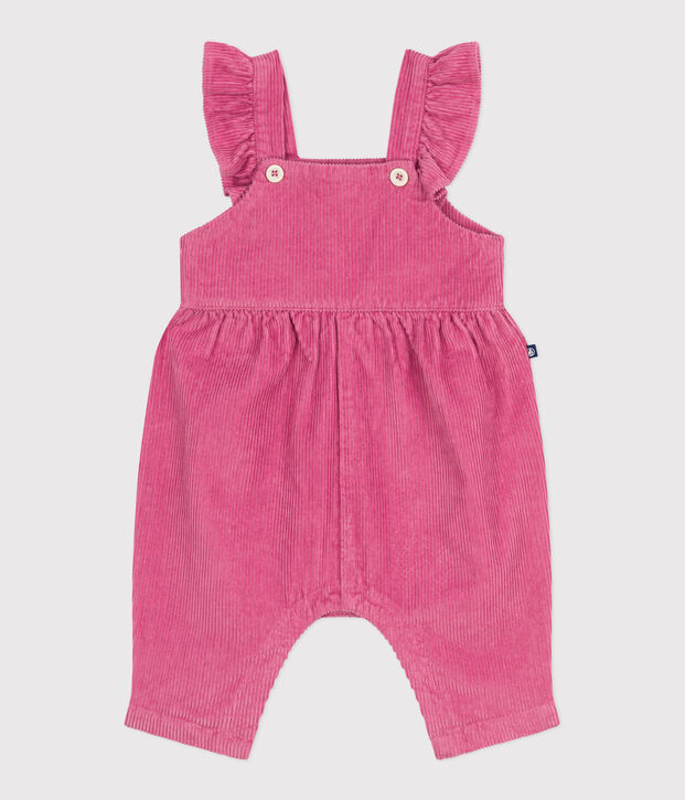 Langbeinige Baby-Latzhose aus einfarbigem Fein-Cord mit Volants rosa
