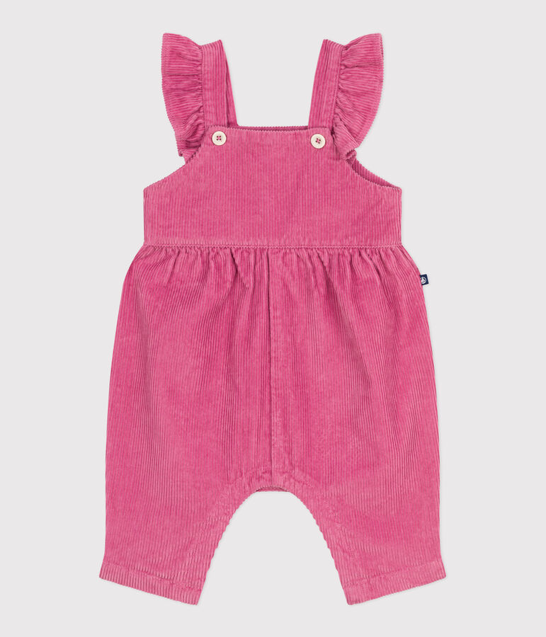 Langbeinige Baby-Latzhose aus einfarbigem Fein-Cord mit Volants rosa