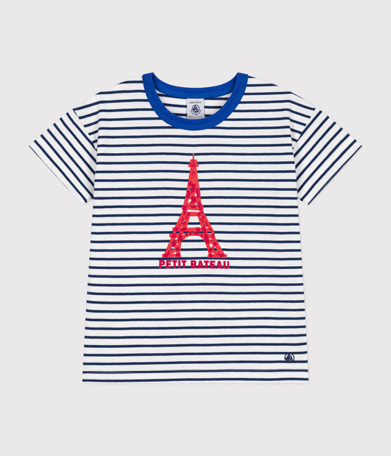 Kurzärmeliges Kinder-T-Shirt aus Jersey weiss MARSHMALLOW/blau MEDIEVAL