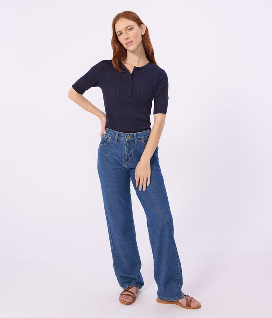 Kurzärmeliges Damen T-Shirt aus einfarbiger Baumwolle blau SMOKING