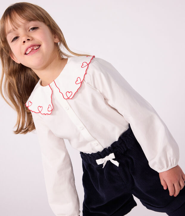 Lang&auml;rmelige Kinder-Bluse aus einfarbigem Baumwoll-Popeline weiss