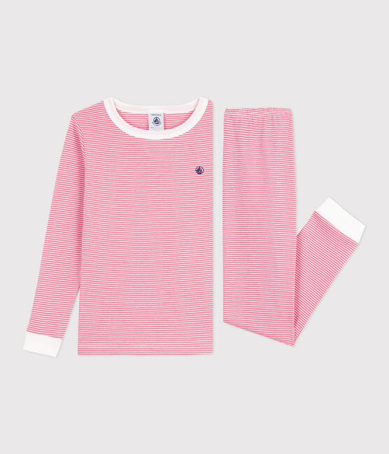 Kinder-Pyjama aus Baumwolle mit eng anliegenden Beinen und Streifen rosa PEONIA/ MARSHMALLOW