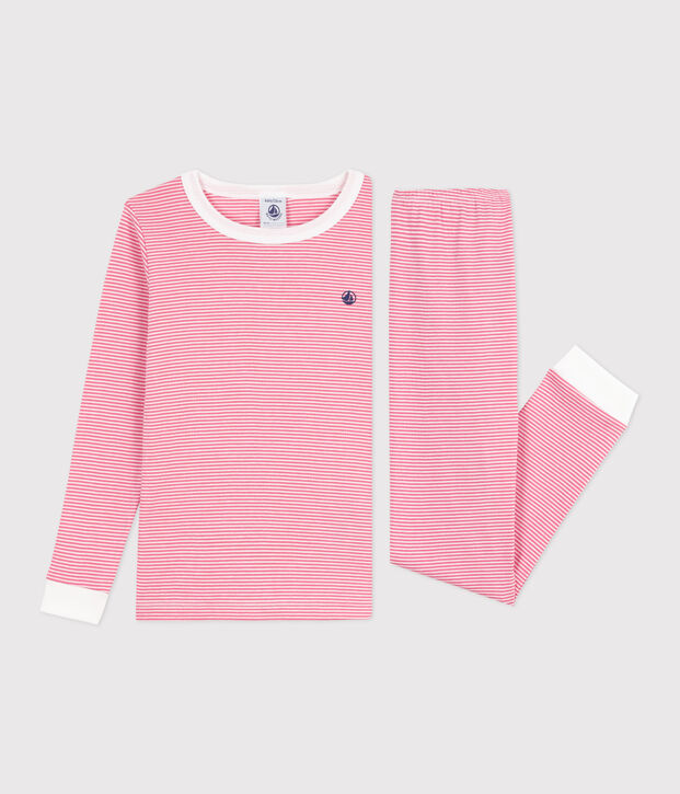 Baumwollpyjama f&uuml;r Kinder, sehr figurbetont mit Streifen rosa/weiss