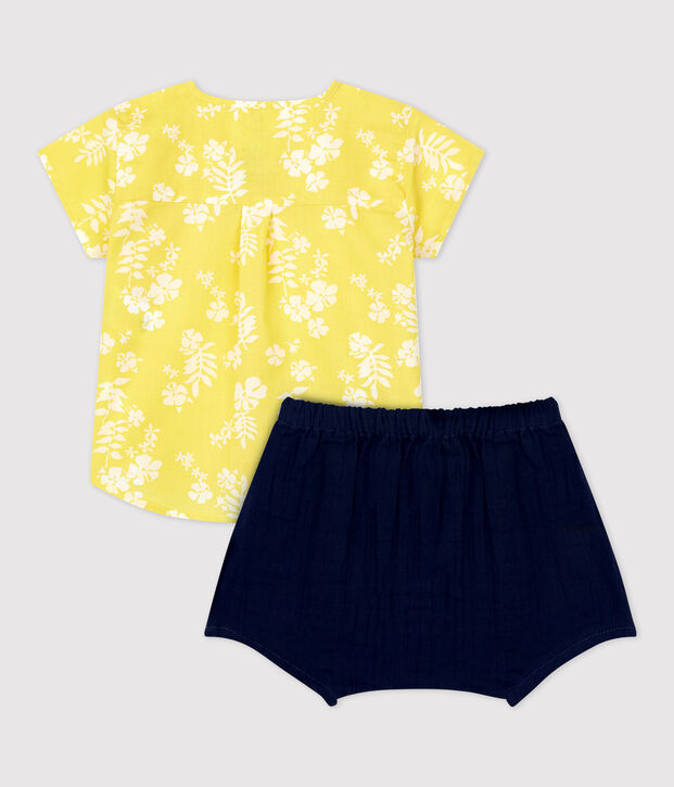 Zweiteiliges Baby-Set aus Bio-Popeline mit Hawaiimuster gelb/weiss
