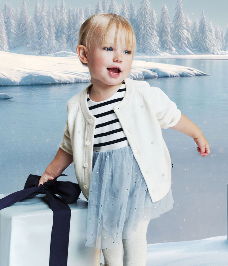 Baby-Cardigan aus Woll- und Baumwollstrick mit bestickten Sternen weiss/grau