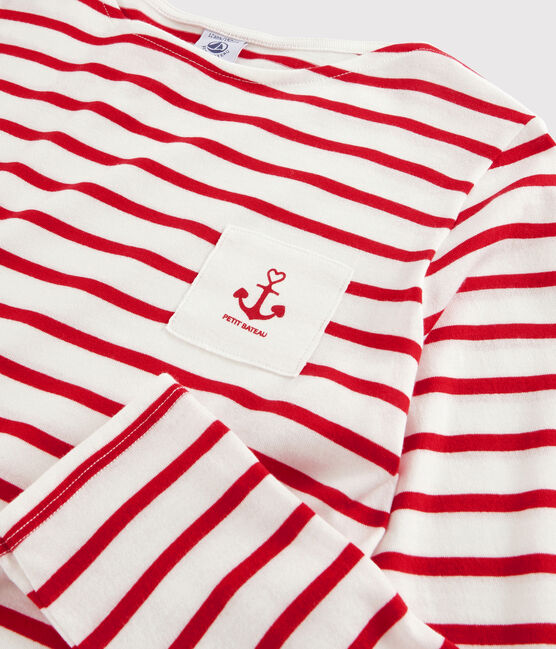 Gestreiftes T-Shirt für Mädchen und Jungen weiss MARSHMALLOW/rot PEPS