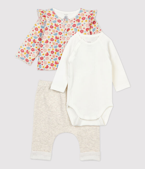 Dreiteiliges Baby-Set aus Wolle und Bio-Baumwolle mit Blumenmuster für Mädchen beige MONTELIMAR/weiss MULTICO