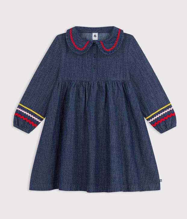 Lang&auml;rmeliges Kinder-Kleid aus einfarbigem Denim blau