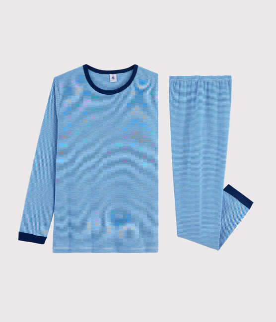 Kinderpyjama aus Rippstrick mit Ringelmuster blau RUISSEAU/weiss MARSHMALLOW