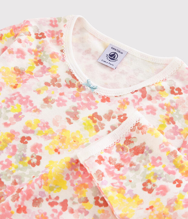 Kinderpyjama aus Baumwolle mit Blumenmuster im Aquarell-Stil f&uuml;r M&auml;dchen weiss/vielfarbig