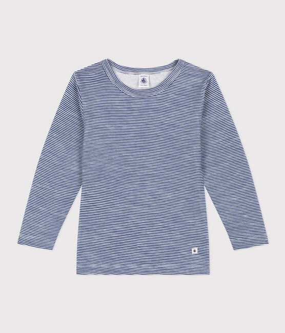 Langärmeliges Kinder-T-Shirt aus Wolle und Baumwolle mit Streifen blau MEDIEVAL/weiss MARSHMALLOW