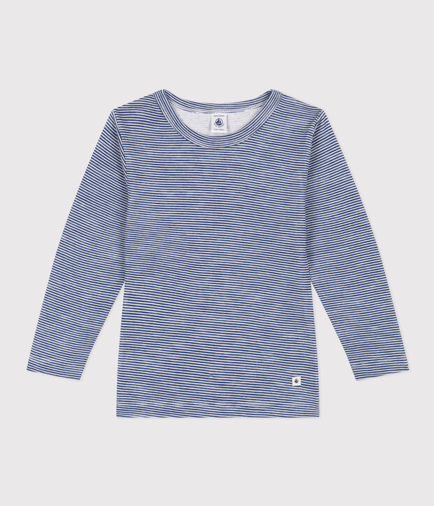 Lang&auml;rmeliges Kinder-T-Shirt aus Wolle und Baumwolle mit Streifen blau/weiss