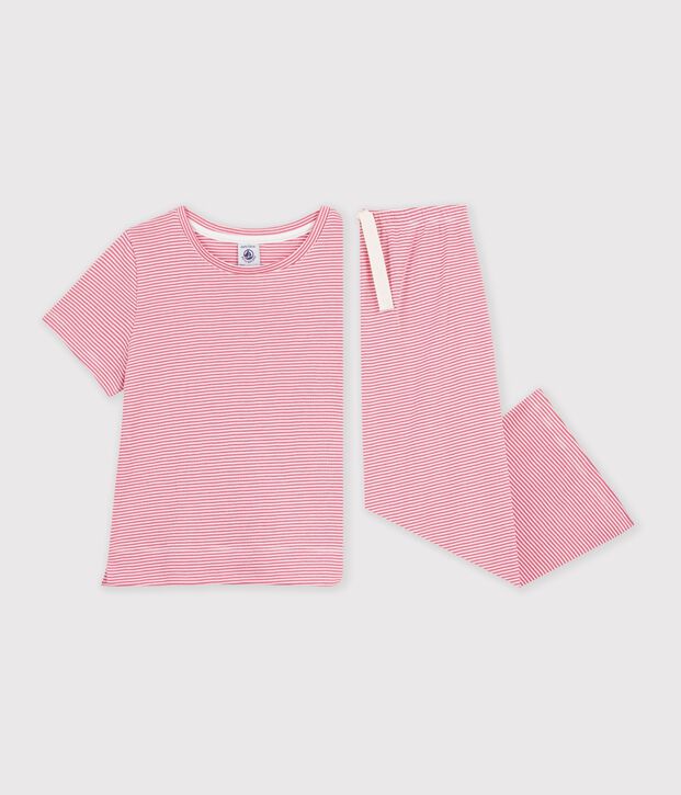 Kinder-Pyjama aus Baumwolle mit weiten Beinen und Streifen rosa/weiss